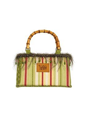 WN Zag Bag Purse Bamboo Handles‎ Beaded Fringe Striped Tapestry Boho Handbag